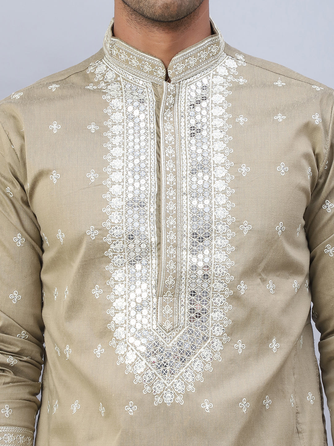 Beige Silk Embroidered Kurta Pajama Set with Dupatta