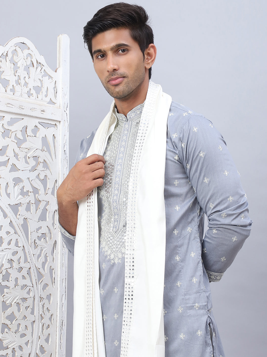 Gray Silk Embroidered Kurta Pajama Set with Dupatta