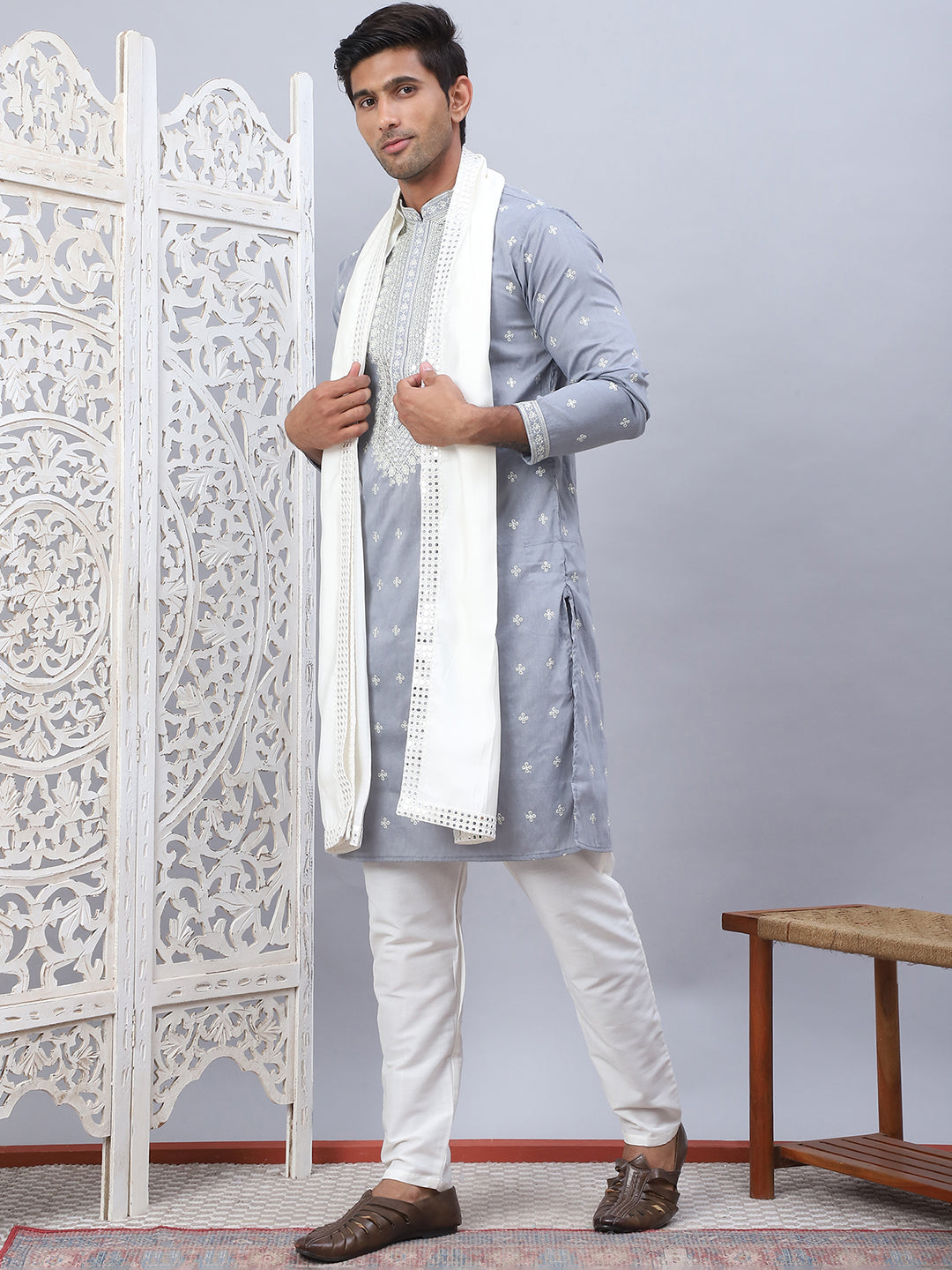 Gray Silk Embroidered Kurta Pajama Set with Dupatta