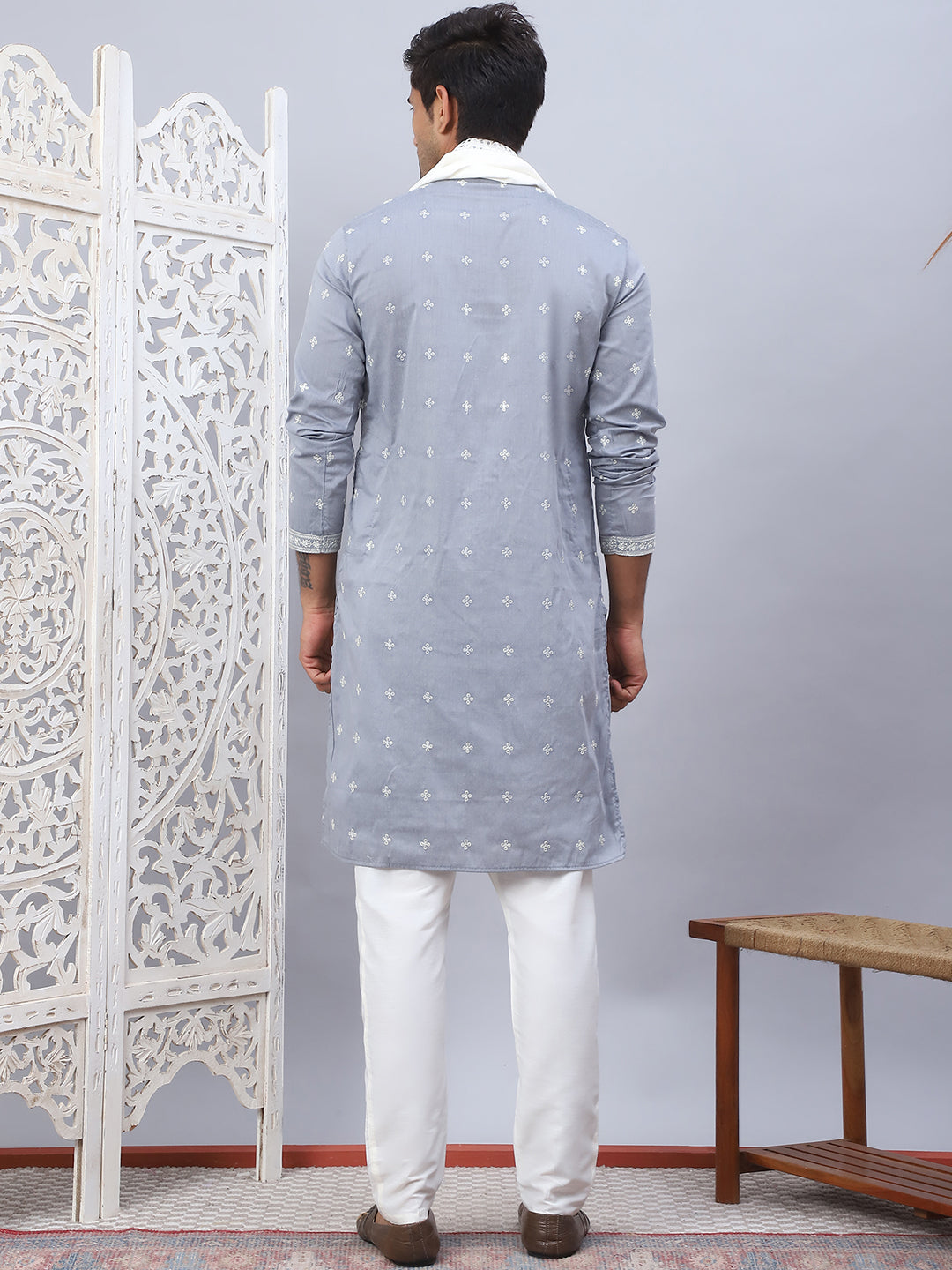 Gray Silk Embroidered Kurta Pajama Set with Dupatta