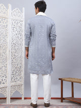 Gray Silk Embroidered Kurta Pajama Set with Dupatta