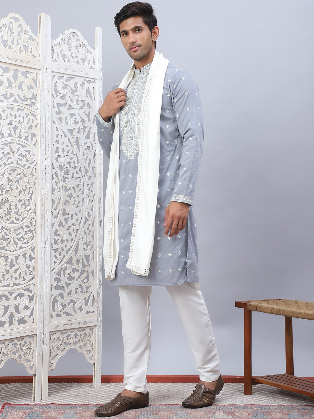 Gray Silk Embroidered Kurta Pajama Set with Dupatta