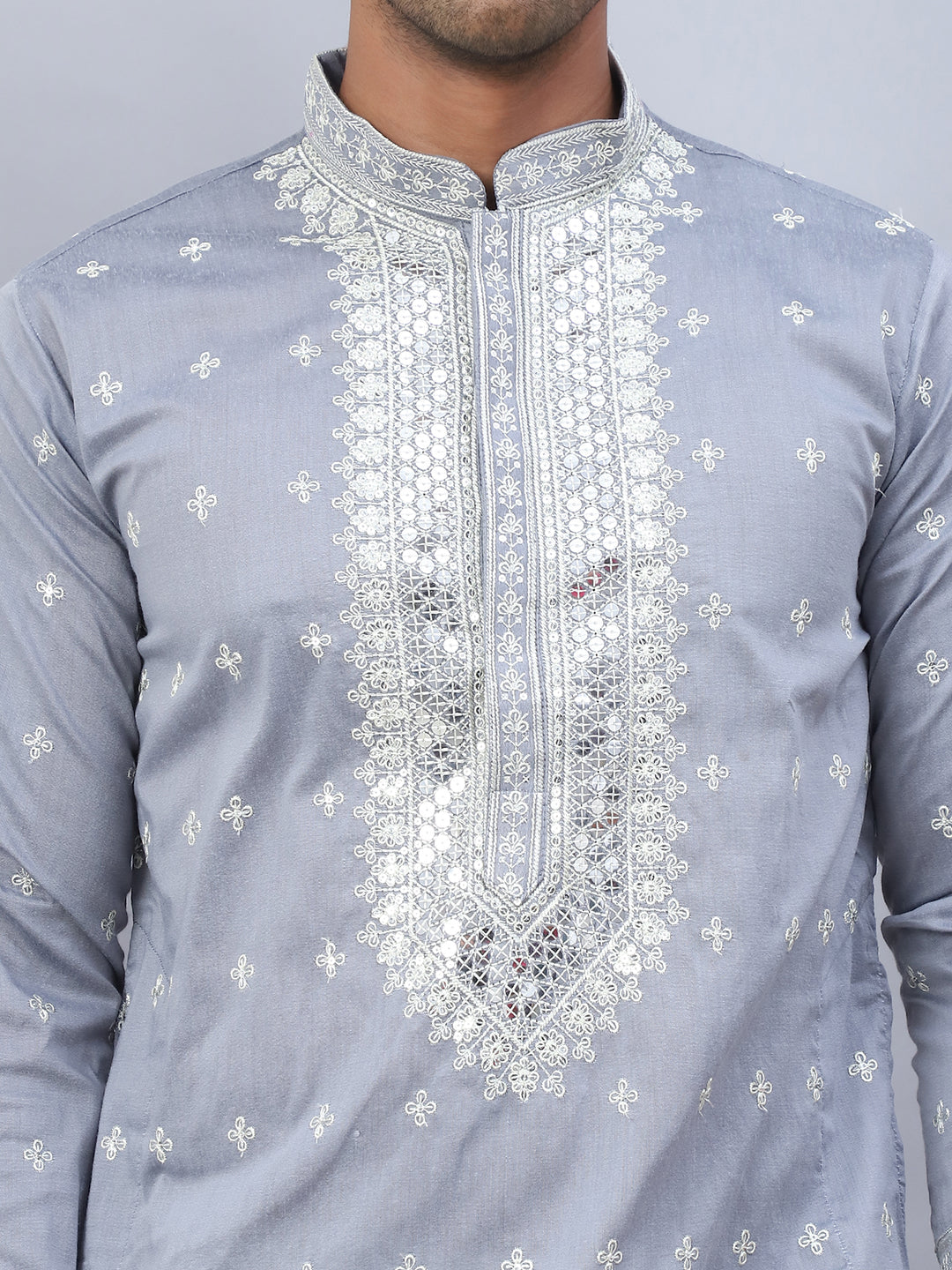 Gray Silk Embroidered Kurta Pajama Set with Dupatta