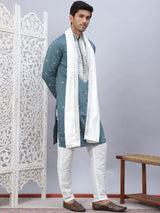 Green Silk Embroidered Kurta Pajama Set with Dupatta