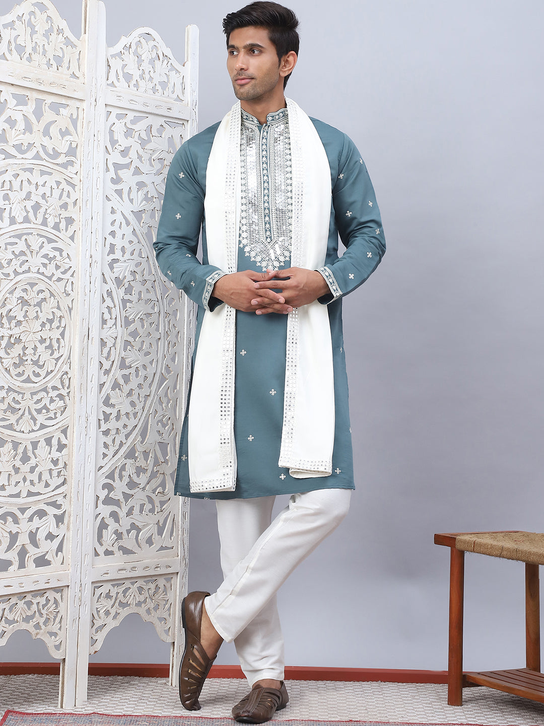 Green Silk Embroidered Kurta Pajama Set with Dupatta