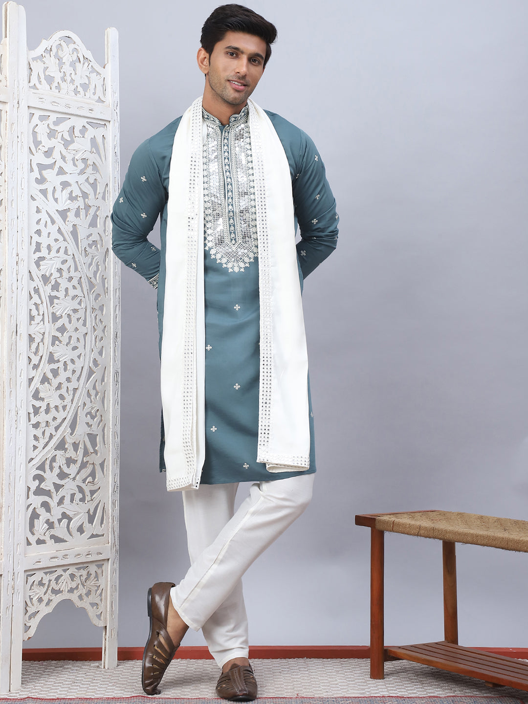 Green Silk Embroidered Kurta Pajama Set with Dupatta