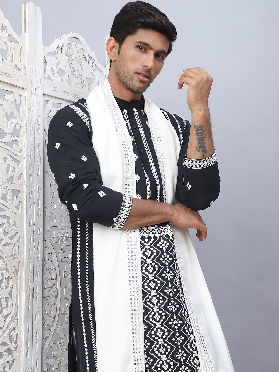 Black Silk Embroidered Kurta Pajama Set with Dupatta