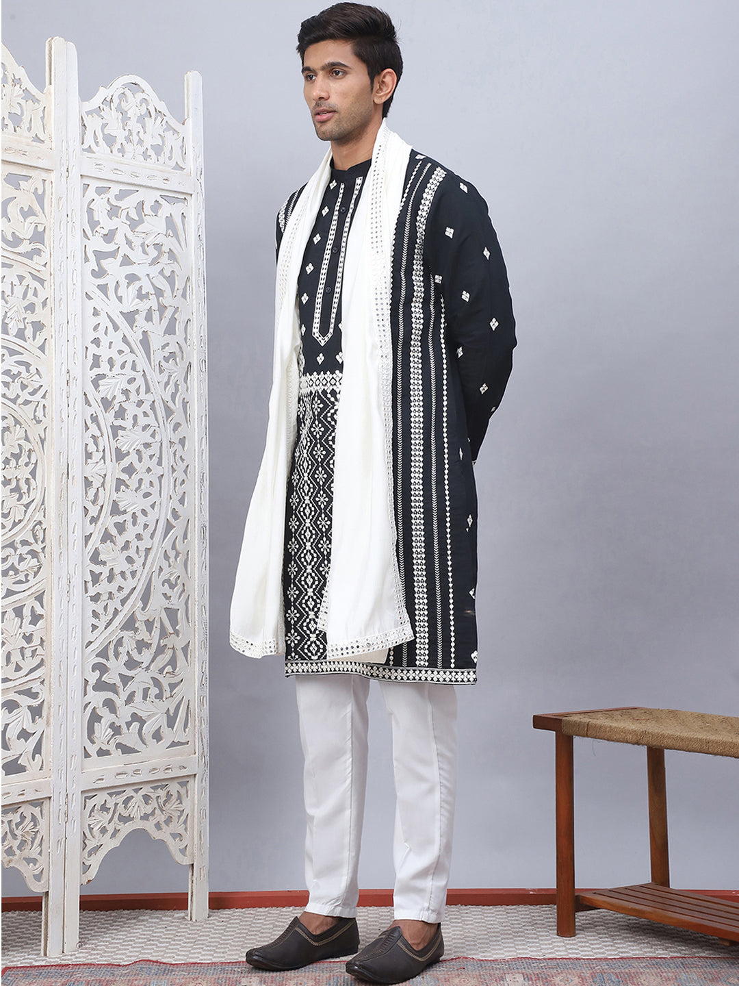 Black Silk Embroidered Kurta Pajama Set with Dupatta