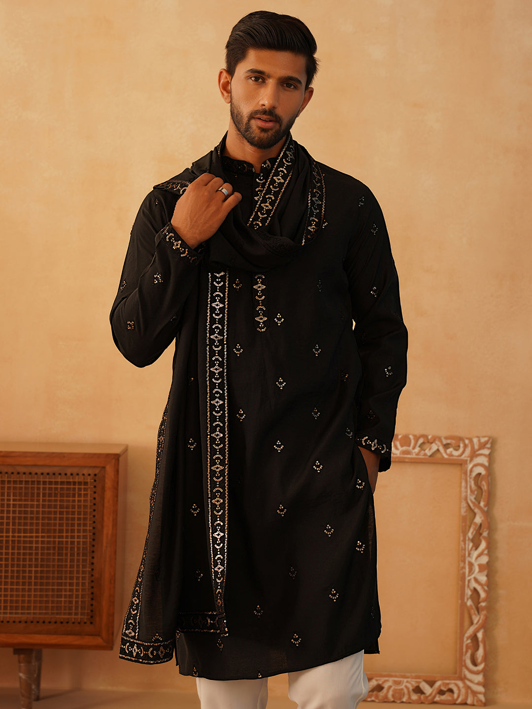 Black Silk Mirror Sequin Embroidered Kurta Pajama Set with Dupatta