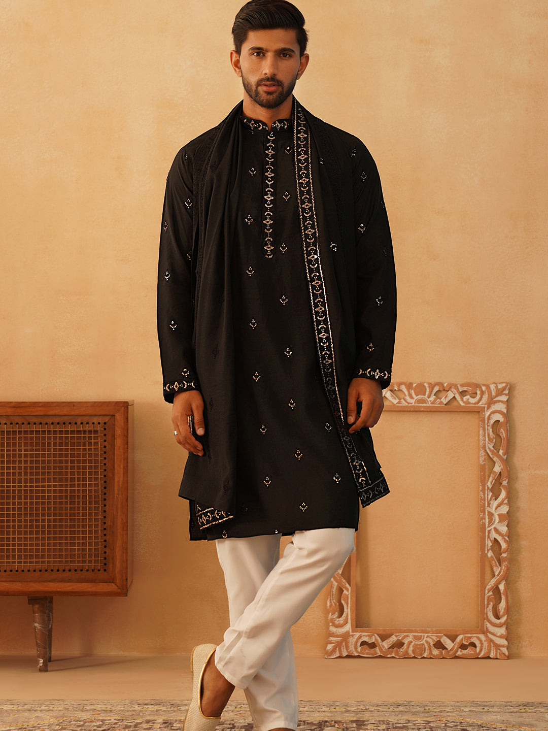 Black Silk Mirror Sequin Embroidered Kurta Pajama Set with Dupatta