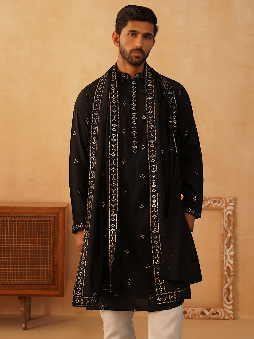 Black Silk Mirror Sequin Embroidered Kurta Pajama Set with Dupatta