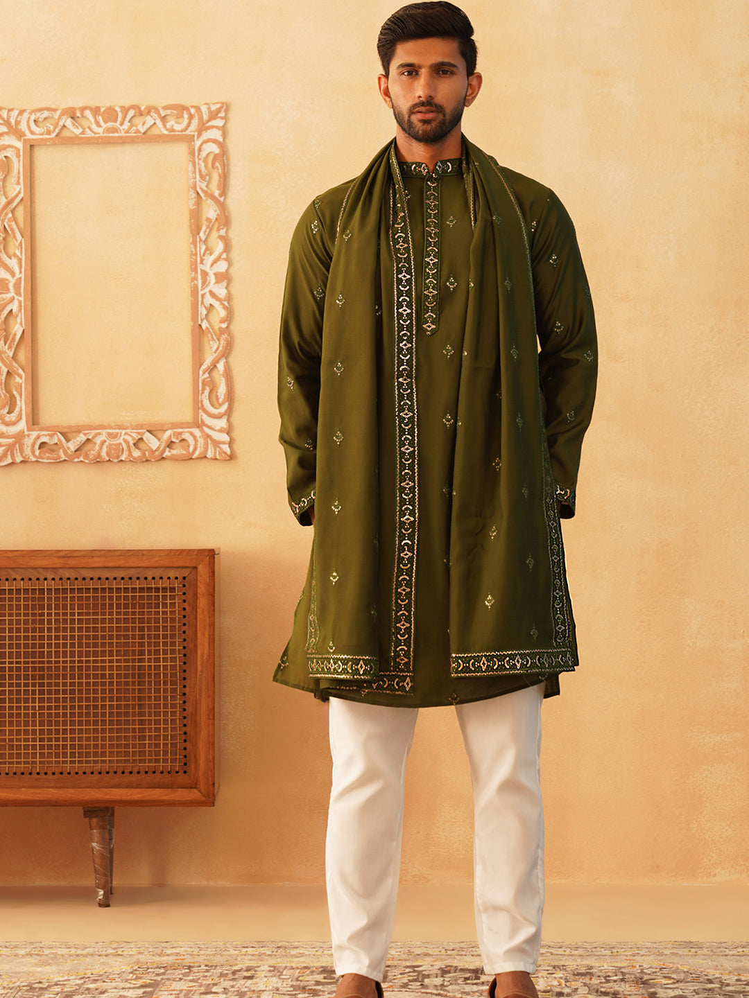 Olive Silk Sequin Embroidered Kurta Pajama Set with Dupatta