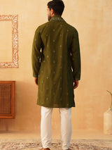 Olive Silk Sequin Embroidered Kurta Pajama Set with Dupatta