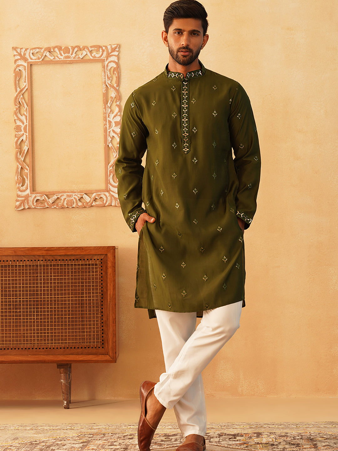 Olive Silk Sequin Embroidered Kurta Pajama Set with Dupatta