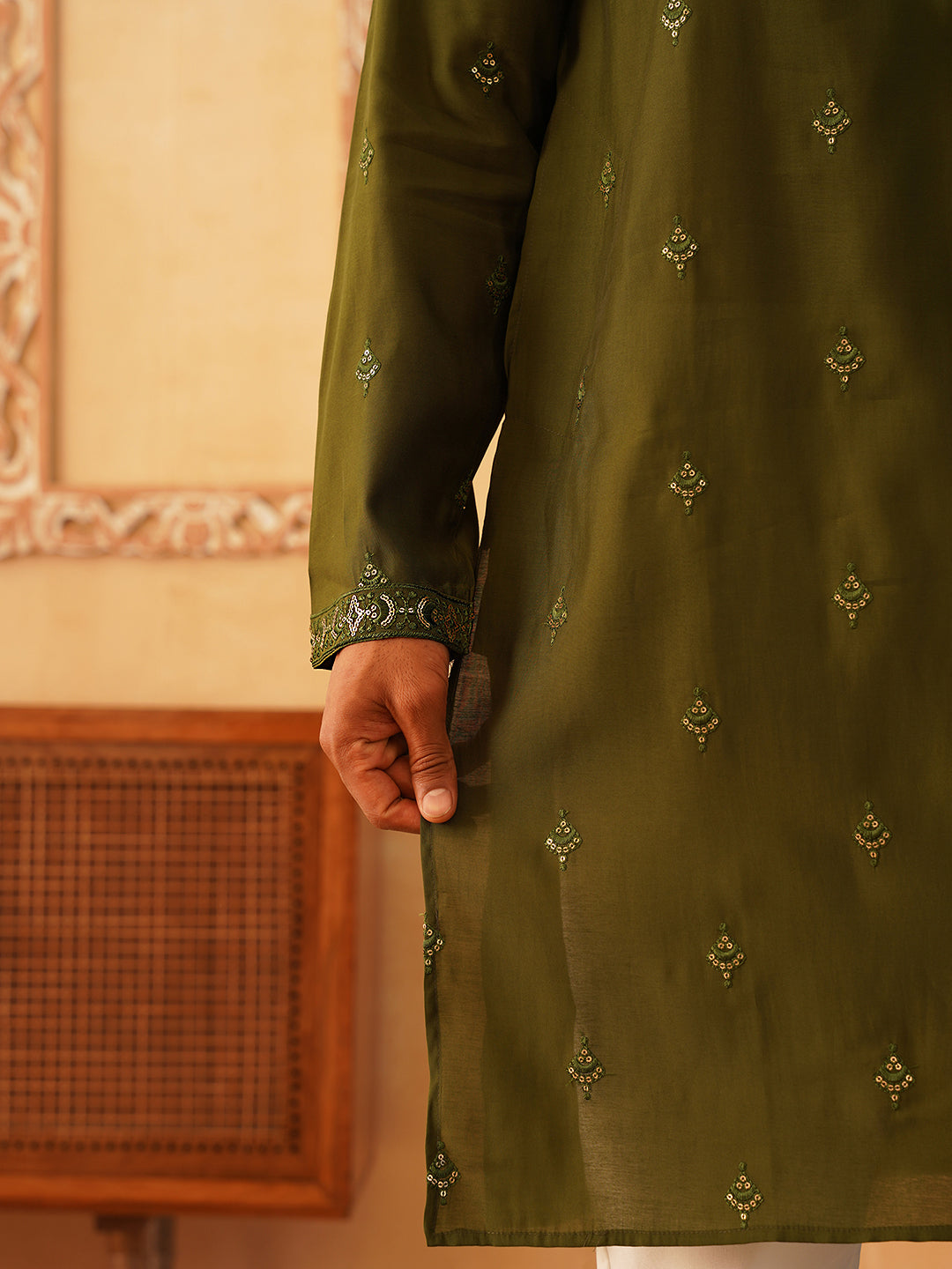 Olive Silk Sequin Embroidered Kurta Pajama Set with Dupatta