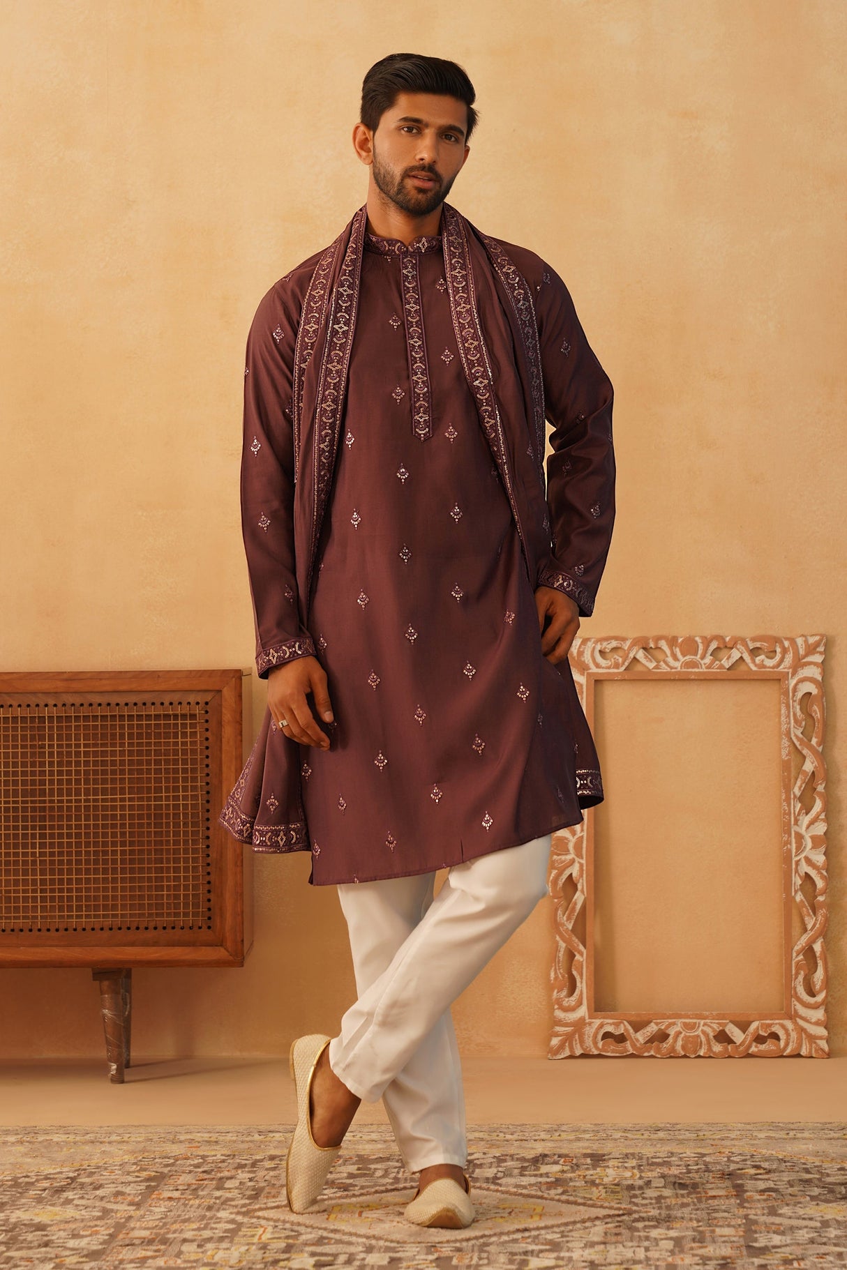 Burgundy Silk Sequin Embroidered Kurta Pajama Set with Dupatta