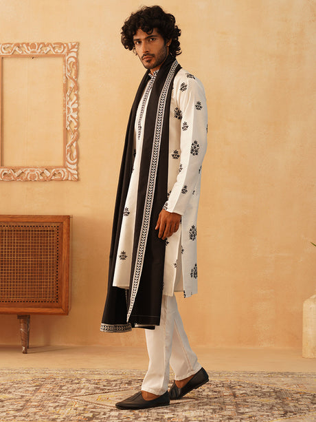 White Silk Embroidered Kurta Pajama Set with Dupatta