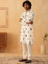 White Silk Embroidered Kurta Pajama Set with Dupatta