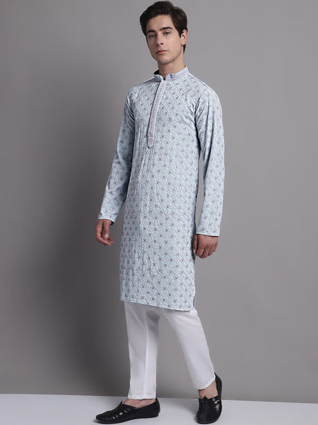 Men's Blue Chikankari Embroidered And Sequence Kurta With Pyjama