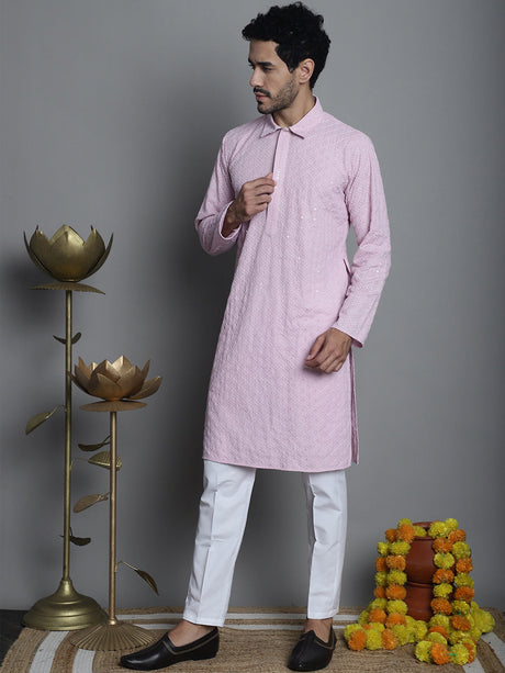 Men's Chikankari Embroidered And Sequence Kurta With Pajama