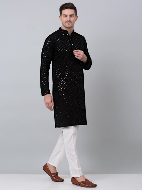 Men Black Embroidered Sequined Kurta With Churidar