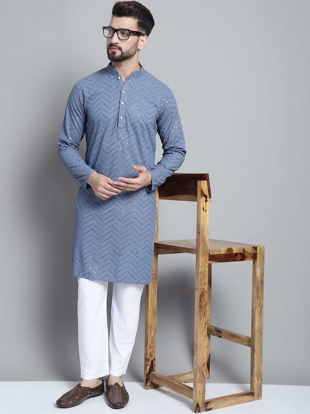 Blue Cotton Mirror Sequin Embroidered Kurta Pajama Set