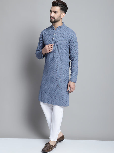 Blue Cotton Mirror Sequin Embroidered Kurta Pajama Set