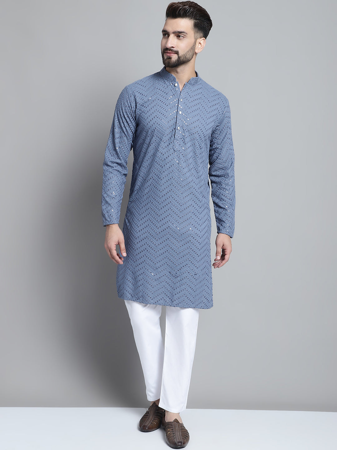 Blue Cotton Mirror Sequin Embroidered Kurta Pajama Set