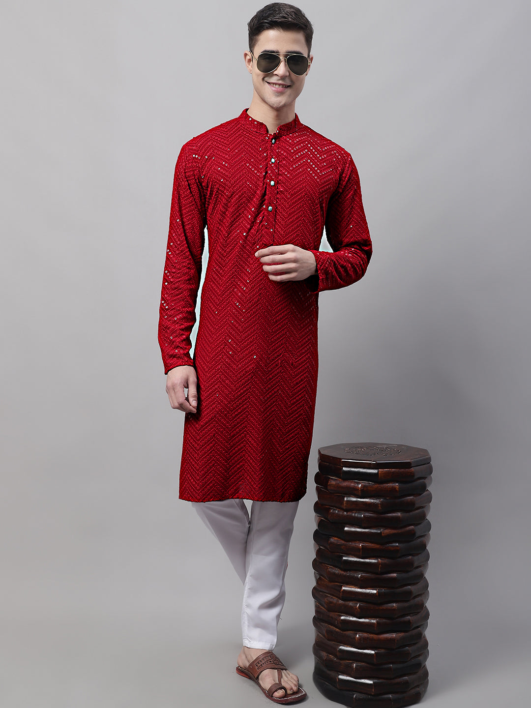 Men's Navy Blue Embroidered Sequined Kurta With Pajama