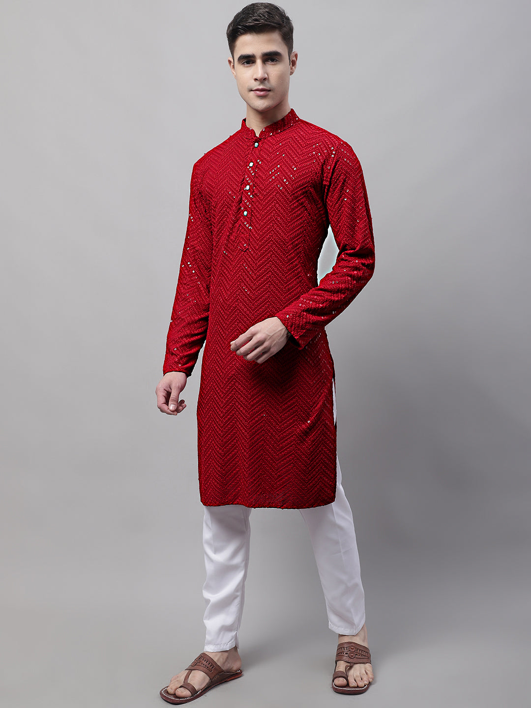 Men's Navy Blue Embroidered Sequined Kurta With Pajama