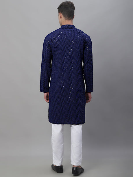 Men Navy Blue Embroidered Sequined Kurta With Churidar