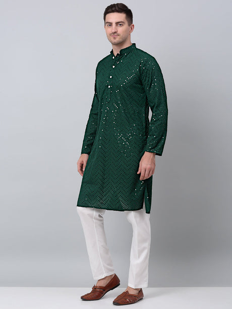 Men Olive Green Embroidered Sequined Kurta With Churidar