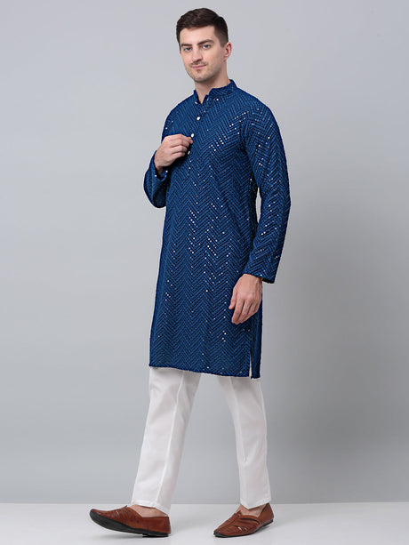 Men Peacock Blue Embroidered Sequined Kurta With Churidar