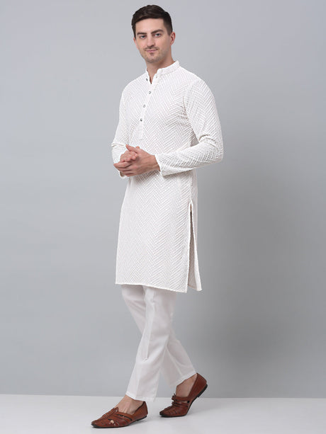 Men White Embroidered Sequined Kurta With Churidar