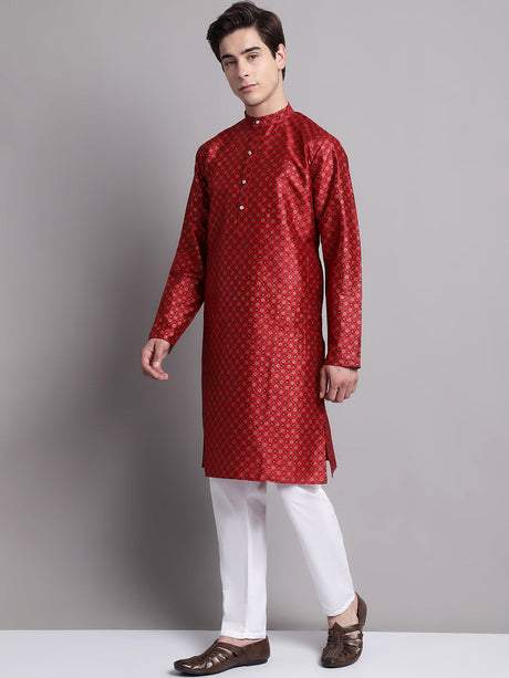 Men's Red Printed Silk Blend Kurta Payjama