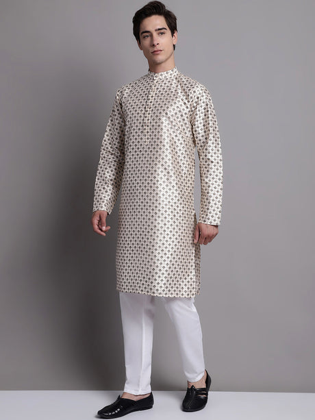 Men's White Printed Silk Blend Kurta Payjama