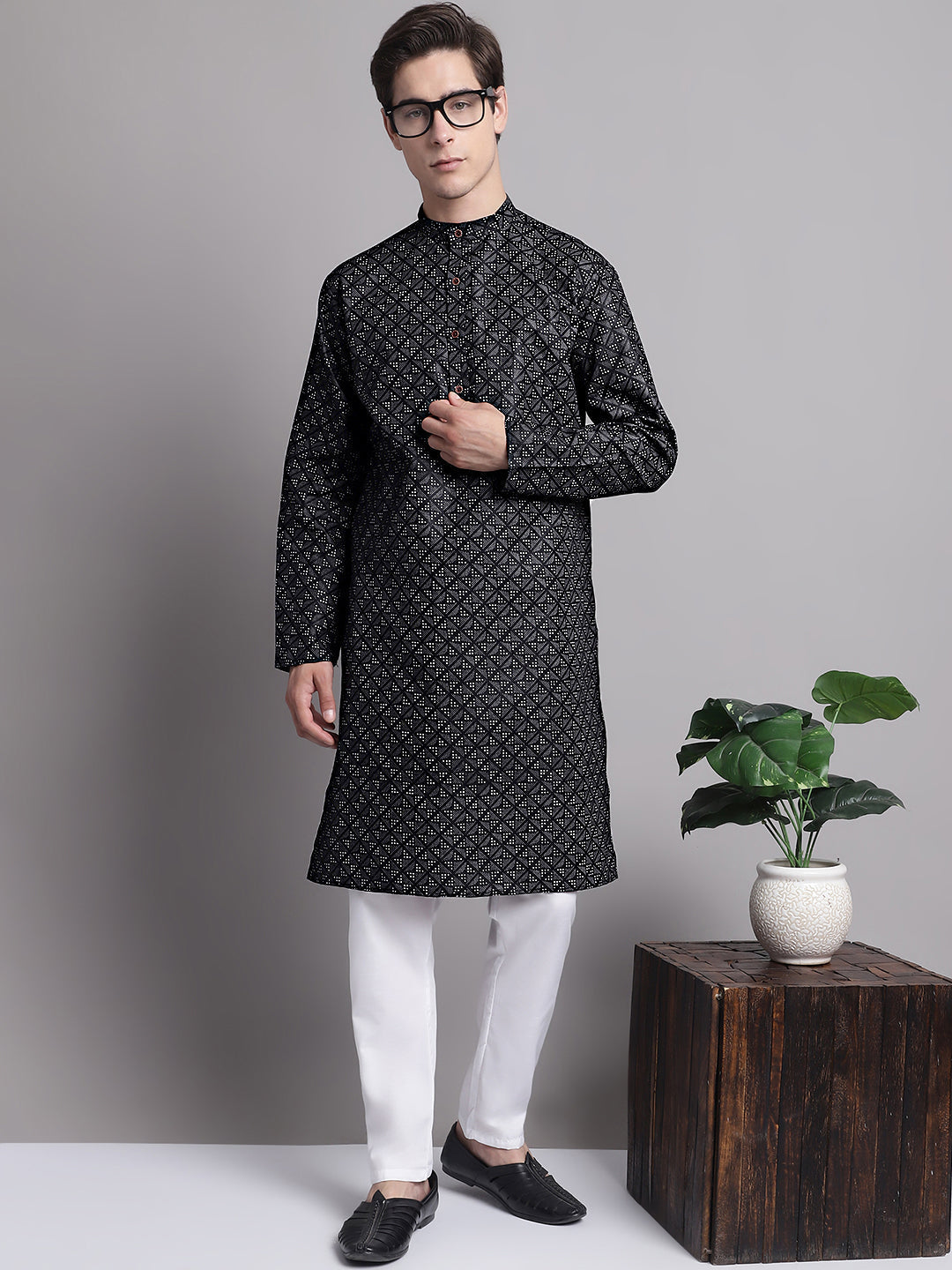 Men's Black Printed Pure Cotton Kurta Pajama Set