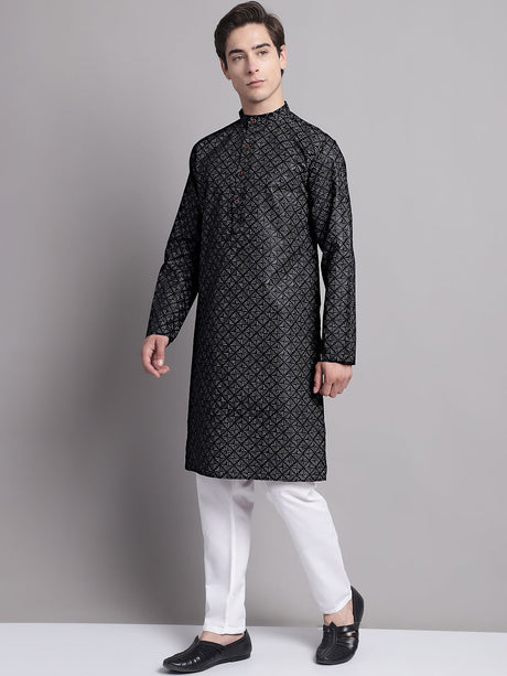 Men's Black Printed Pure Cotton Kurta Pajama Set