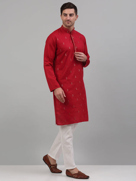 Red Cotton Embroidered Kurta Pajama Set