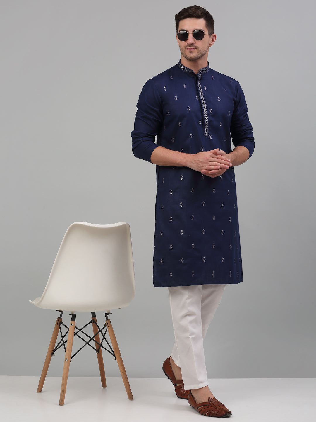 Navy Blue Cotton Embroidered Kurta Pajama Set