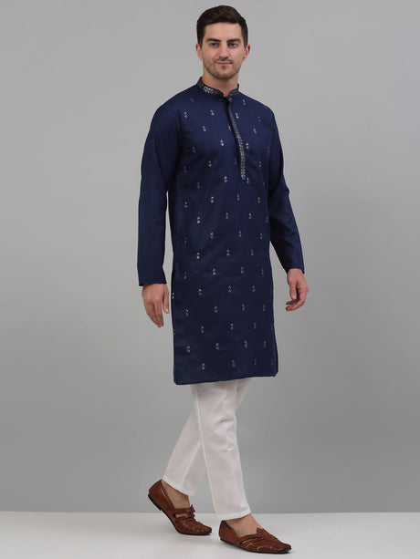 Men's Navy Blue Embroidered Straight Kurta Pyjama Set