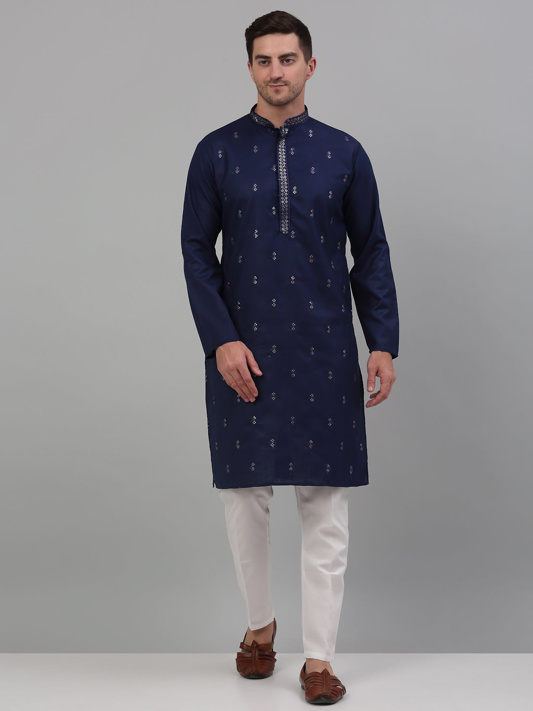 Navy Blue Cotton Embroidered Kurta Pajama Set