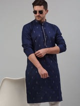 Navy Blue Cotton Embroidered Kurta Pajama Set