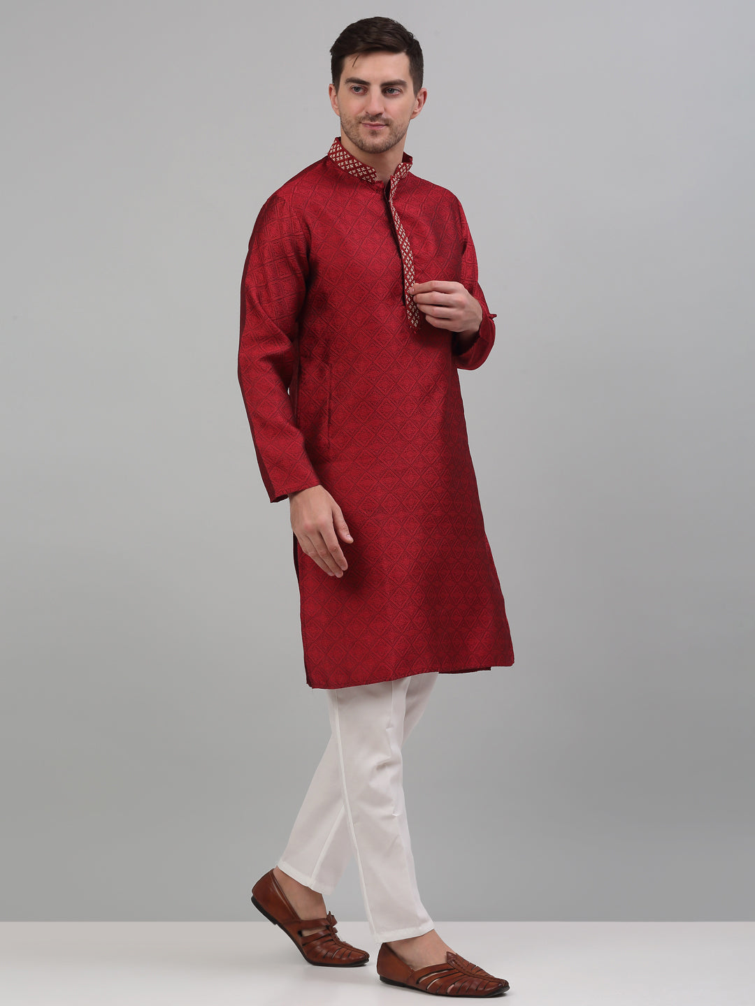 Men's Maroon Collar Embroidered Kurta Pajama