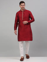 Men's Maroon Collar Embroidered Kurta Pajama