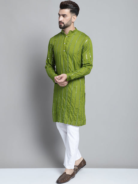 Green Viscose Mirror Sequin Embroidered Kurta Pajama Set