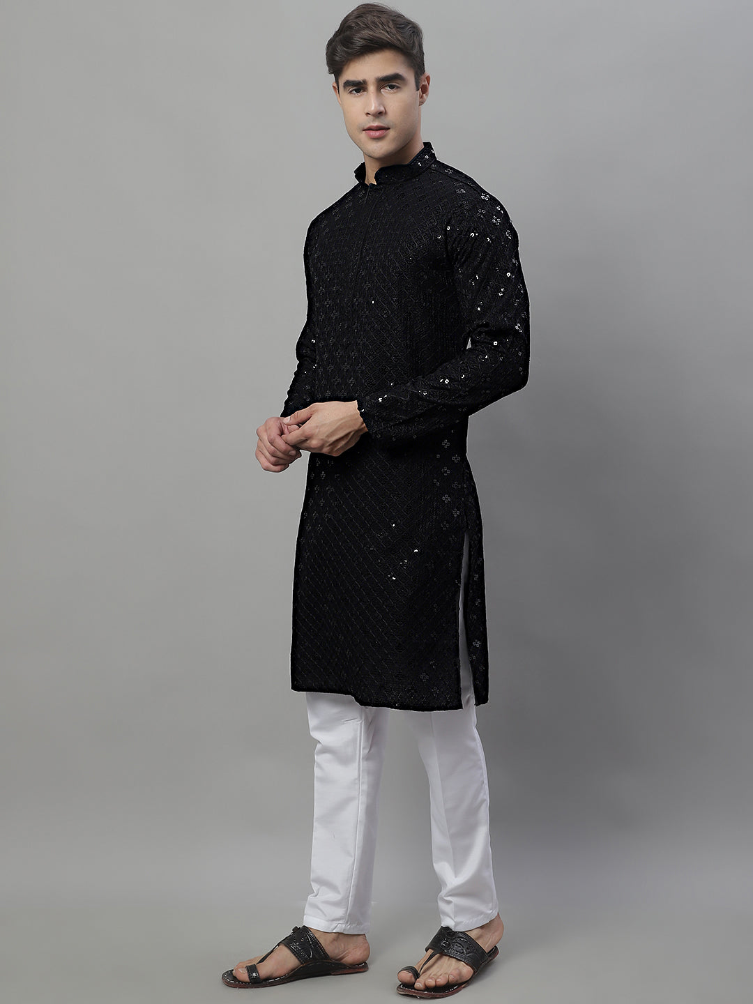 Men's Black Chikankari Embroidered And Sequence Kurta With Pajama