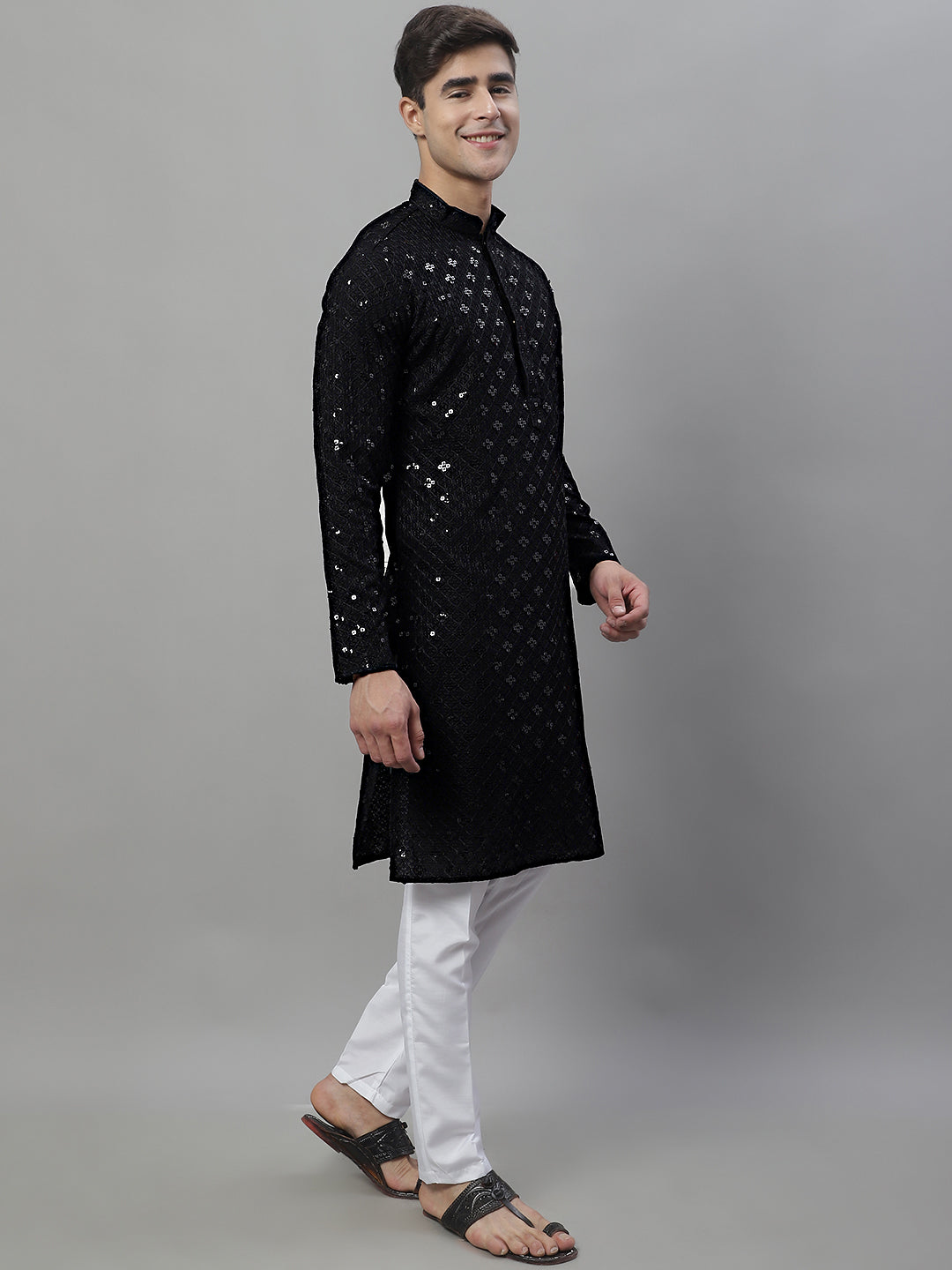 Men's Black Chikankari Embroidered And Sequence Kurta With Pajama