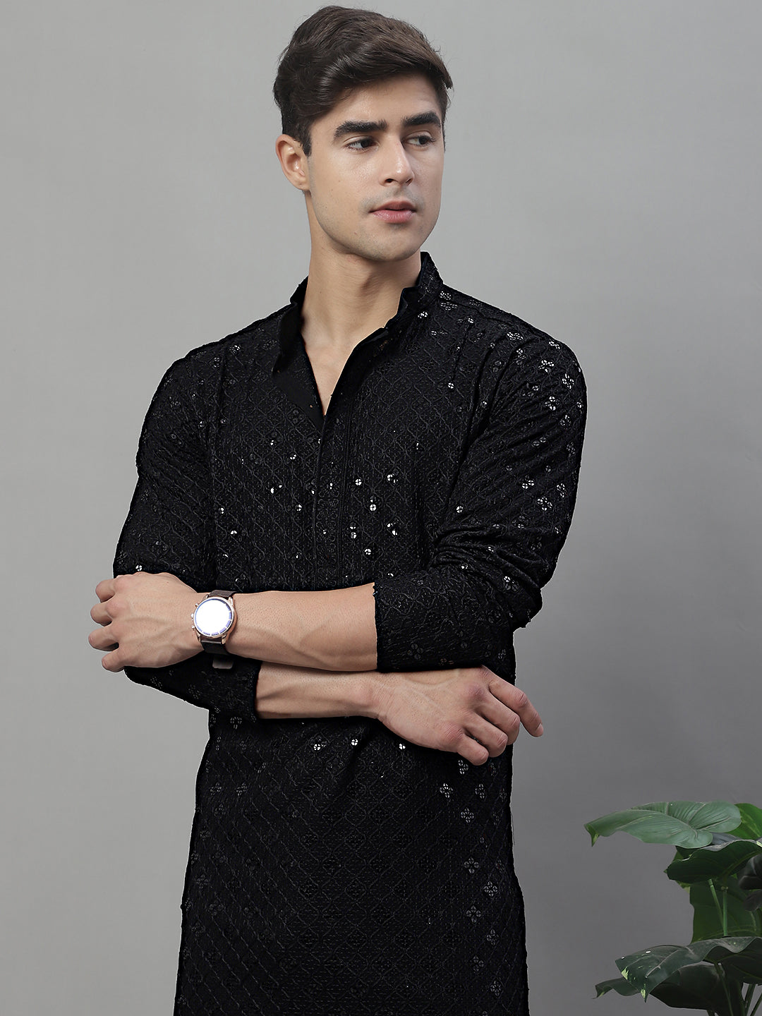 Men's Black Chikankari Embroidered And Sequence Kurta With Pajama