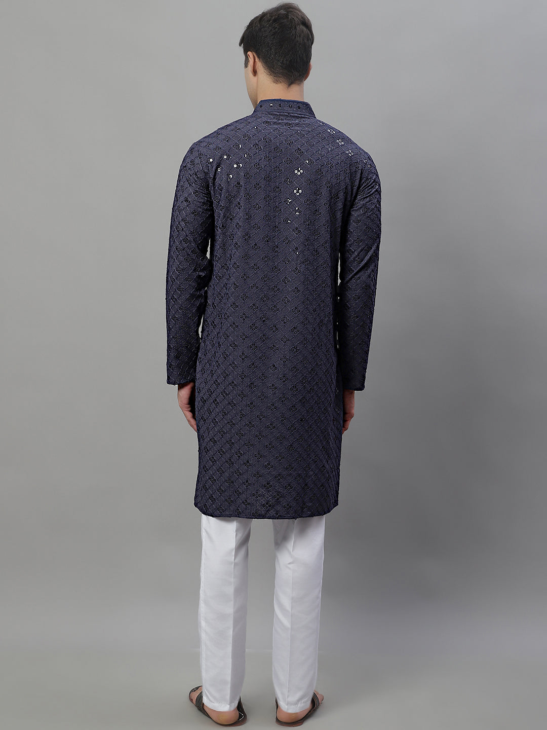 Men's Grey Chikankari Embroidered And Sequence Kurta With Pajama